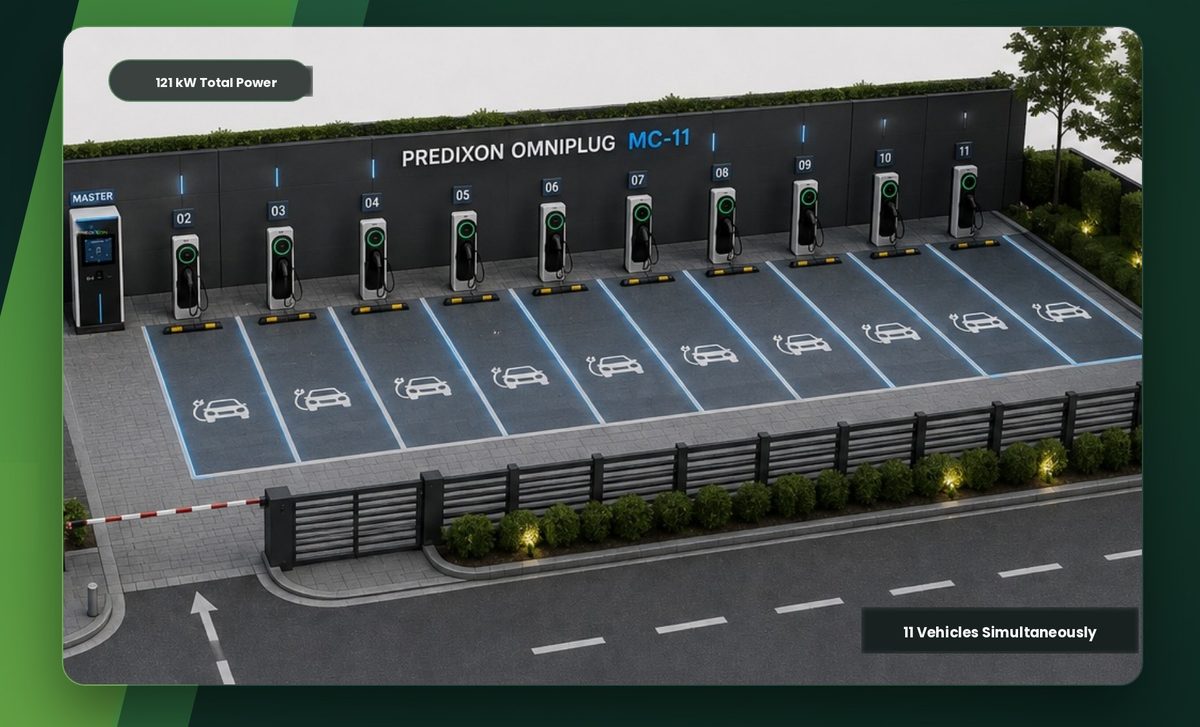 Predixon OmniPlug MC-11 charging eleven vehicles simultaneously