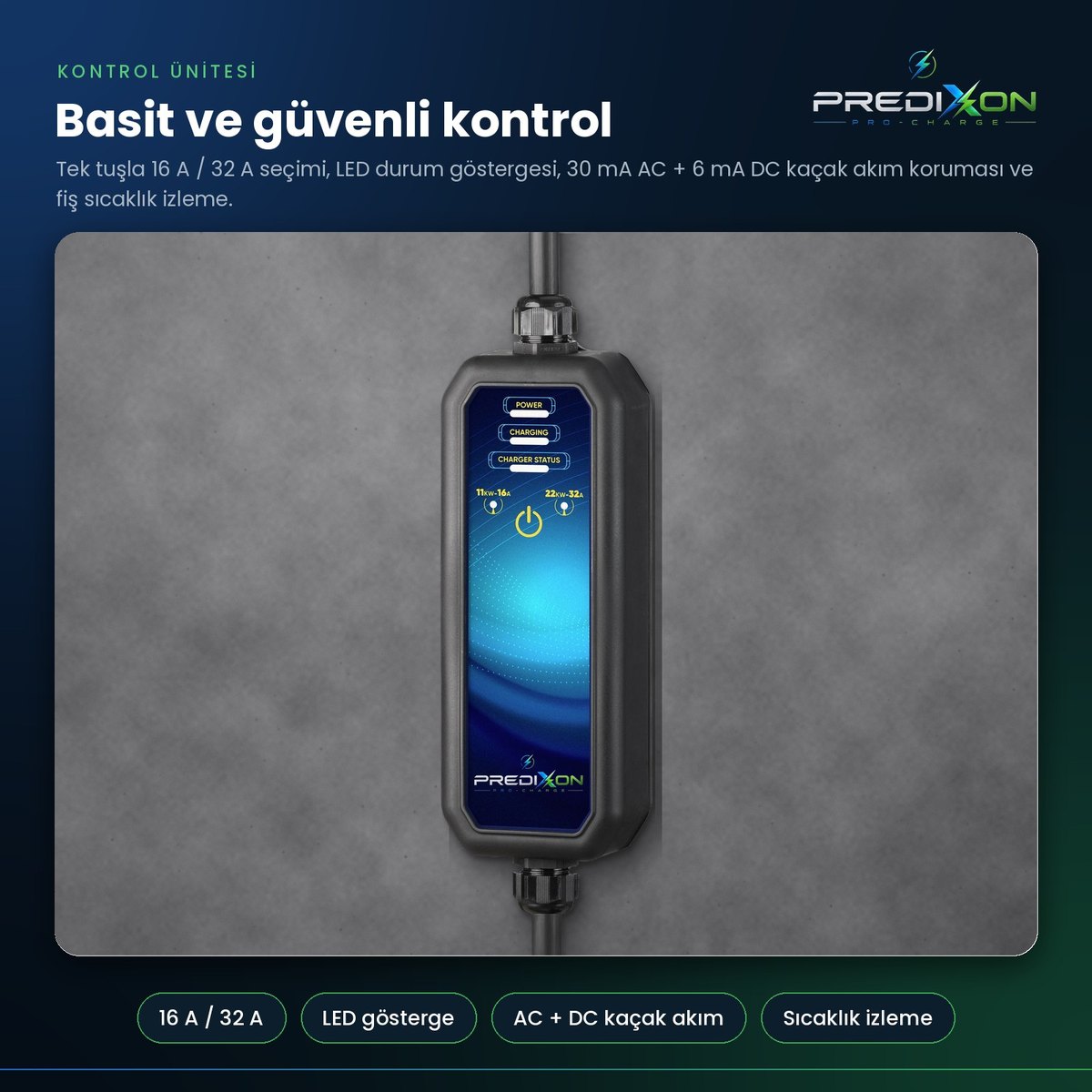 LED göstergeli, 16 A / 32 A seçimli kontrol ünitesi
