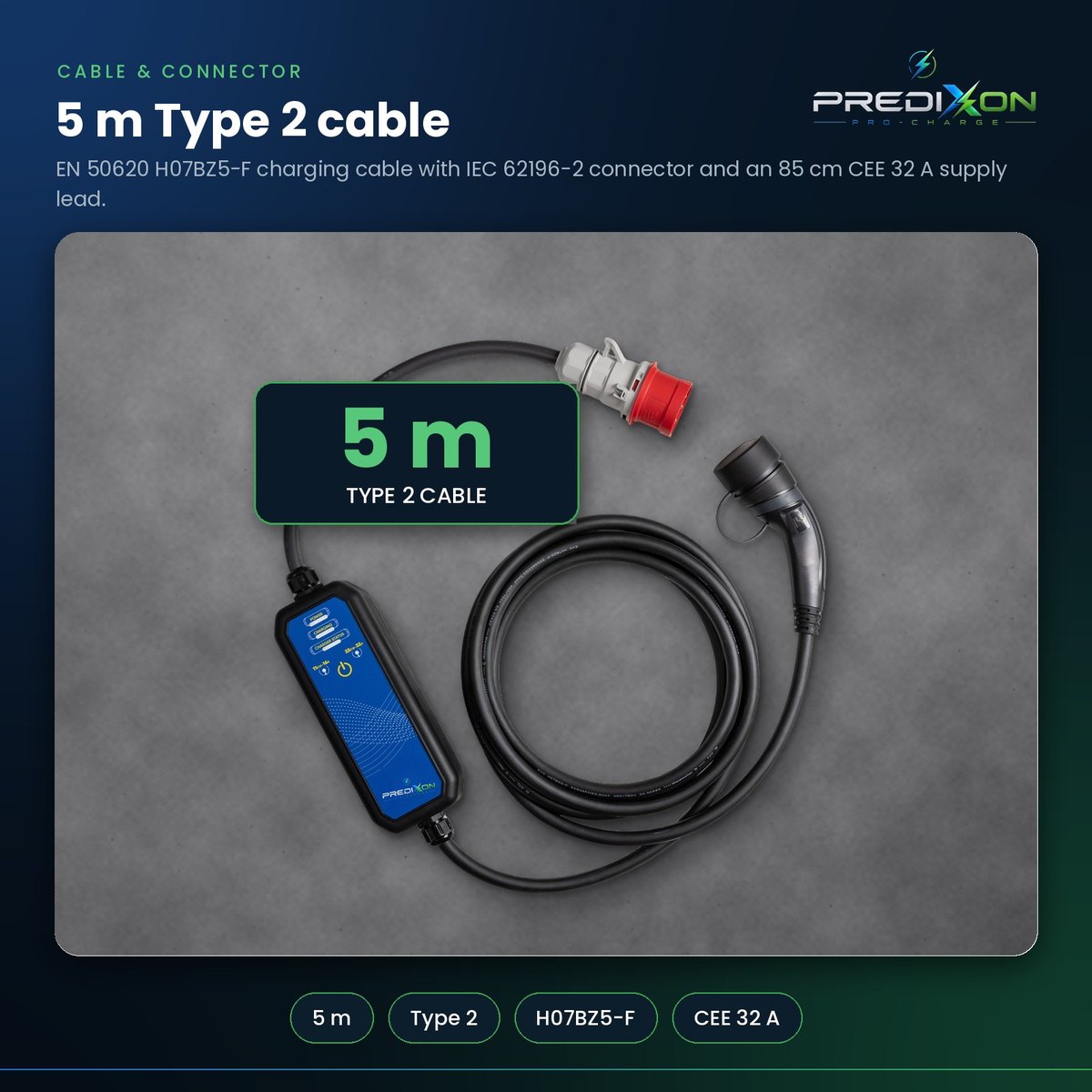 5 m Type 2 cable and CEE 32 A plug