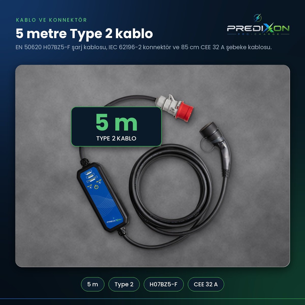 5 m Type 2 kablo ve CEE 32 A fiş